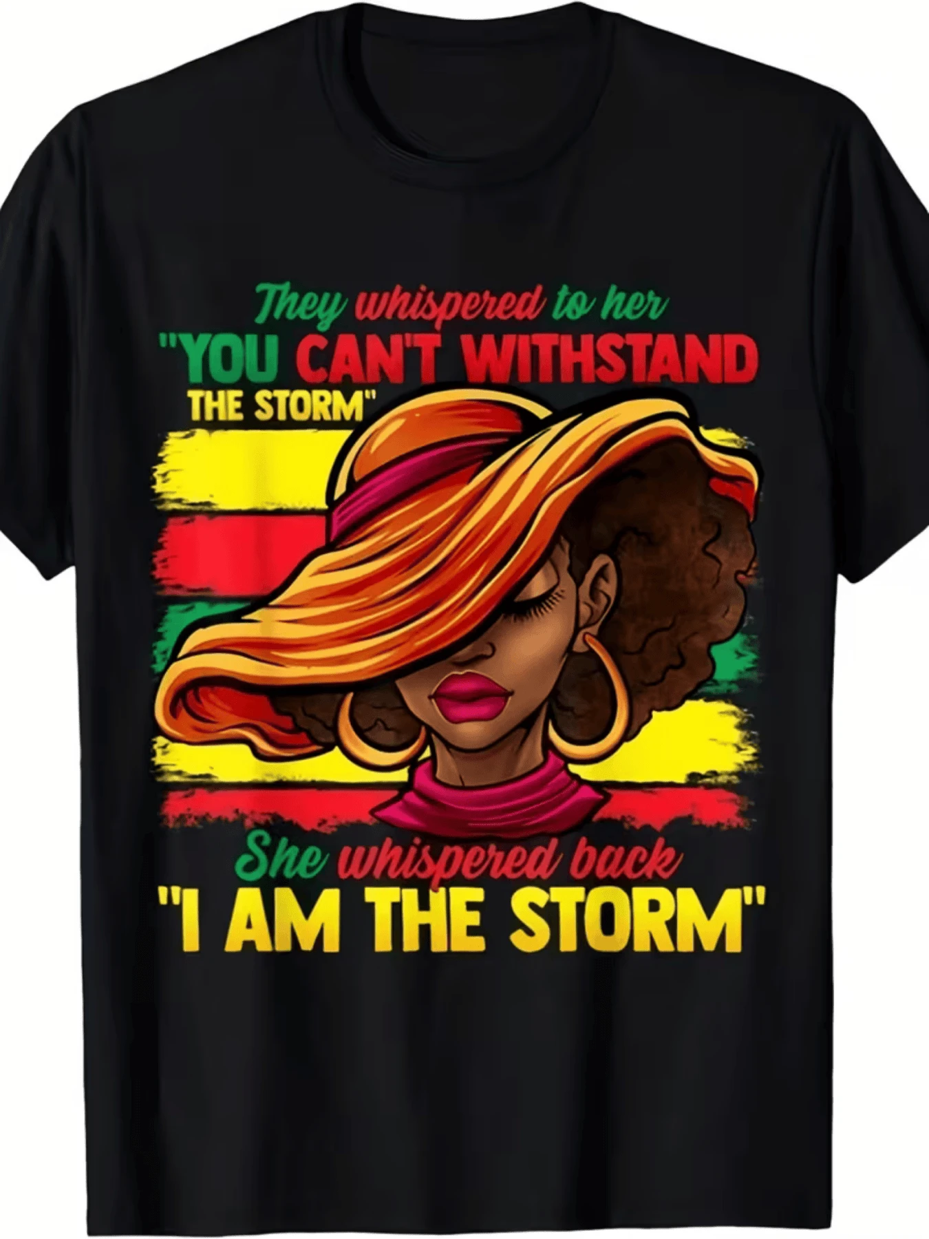 Figure Of A Woman With A Hat In Warm Colors And A Red, Yellow, And Green Background Symbolizing Strength, Confidence, And Cultural Pride With A Motivational Empowerment Phrase On A Modern Casual Women's T-Shirt - 黑色 - 查看 1