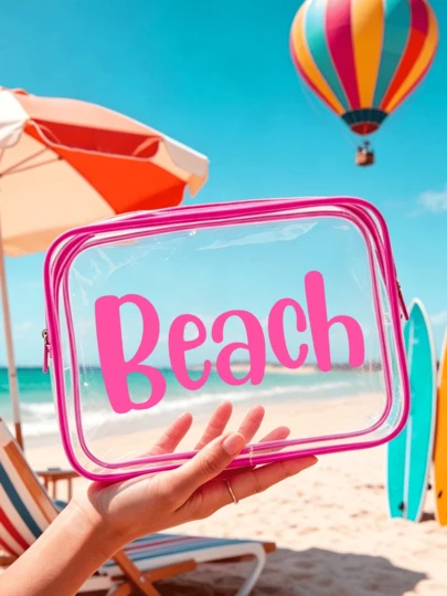 大容量拉链旅行收纳袋 - 防水游泳包 - 印有彩色“Beach”字样，适用于存放洗漱用品、旅行化妆品和潜水包。采用拉链封口。非常适合存放旅行证件、护照、时尚眼镜、护肤品和其他旅行必需品。