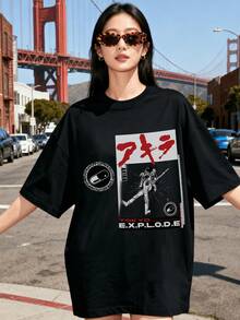 Camiseta holgada para mujer, disponible en cinco tallas, adecuada para todas las estaciones.Camiseta casual de verano con cuello redondo, con un estampado de oso genial, ligeramente elástica, de corte regular, perfecta para el uso diario. - Negro - Ver 6