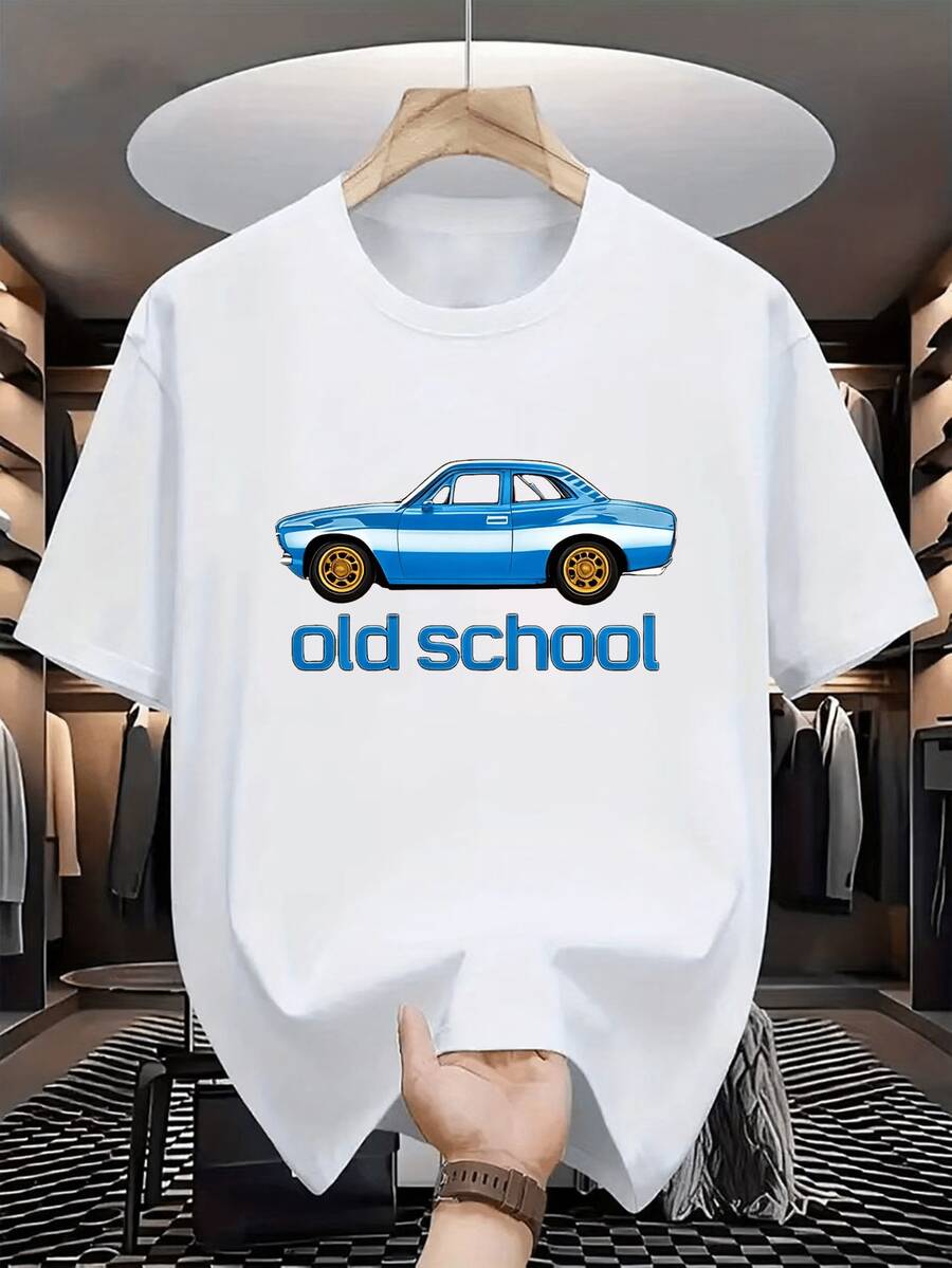 Ropa casual de uso diario para hombre, estampado creativo con temática de coches clásicos nostálgicos, tela de poliéster, corte regular para múltiples ocasiones, adecuada para deportes y desplazamientos, sencilla y versátil, cómoda y moderna de manga corta. - Blanco - Ver 1