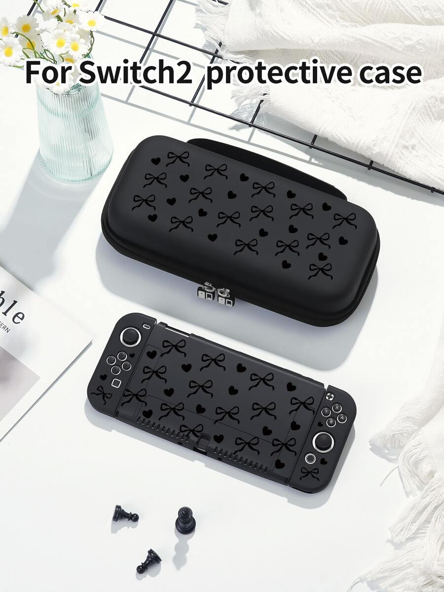 1个黑色爱心蝴蝶结图案Switch保护套/收纳袋,适用于Switch2(2025)/Switch OLED/Switch NS/Lite,新款第二代Switch游戏配件保护套,长续航版游戏机配件,送给Switch玩家的最佳礼物 - 彩色 - 查看 1