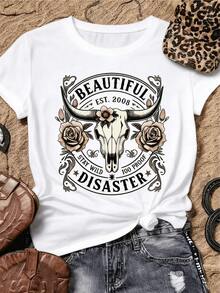 Bull Skull Decorated With Flowers And Roses Symbolizes Inner Strength And Wild Beauty, Evoking A Free Spirit And Feminine Courage. A Modern, Casual Women's T-Shirt For Comfortable And Attractive Everyday Wear. - 白色 - 查看 8