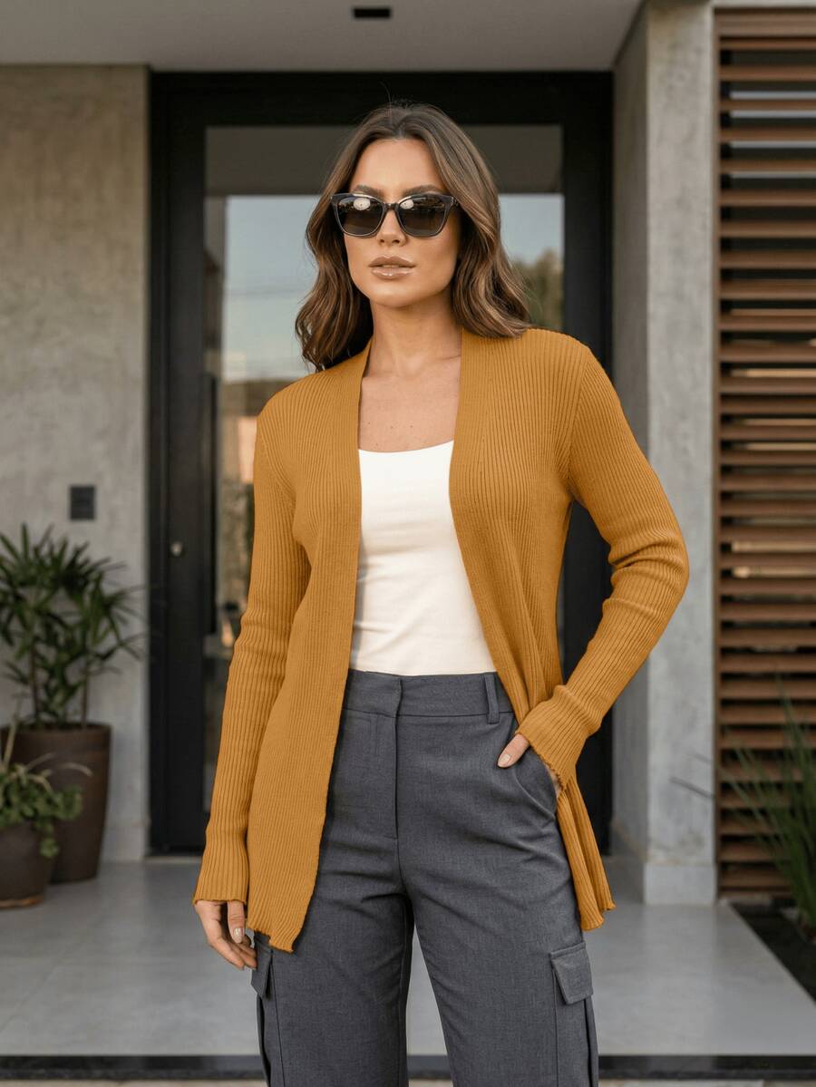 Women's Open Ribbed Cardigan, Basic, Elegant, Casual, Winter, Cold Weather, Knit Cardigan - mostaza - Ver 1