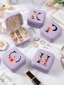 Purple PU Leather Mini Jewelry Organizer Box, Portable Travel, Home Jewelry Case With Multi-Compartment For Necklaces, Earrings, Rings, Studs Hair Clips, Floral Design - Flowers Style - View 2