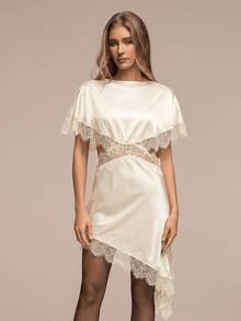 HZXVIC New Women's Solid Color Elegant Lace Patchwork Open Slit Design Vacation Beach Sexy Dress With Lining Summer - Beige - View 1