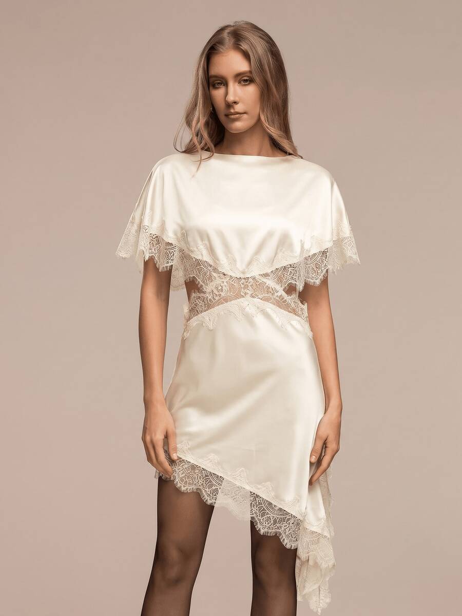 HZXVIC New Women's Solid Color Elegant Lace Patchwork Open Slit Design Vacation Beach Sexy Dress With Lining Summer - Beige - View 1