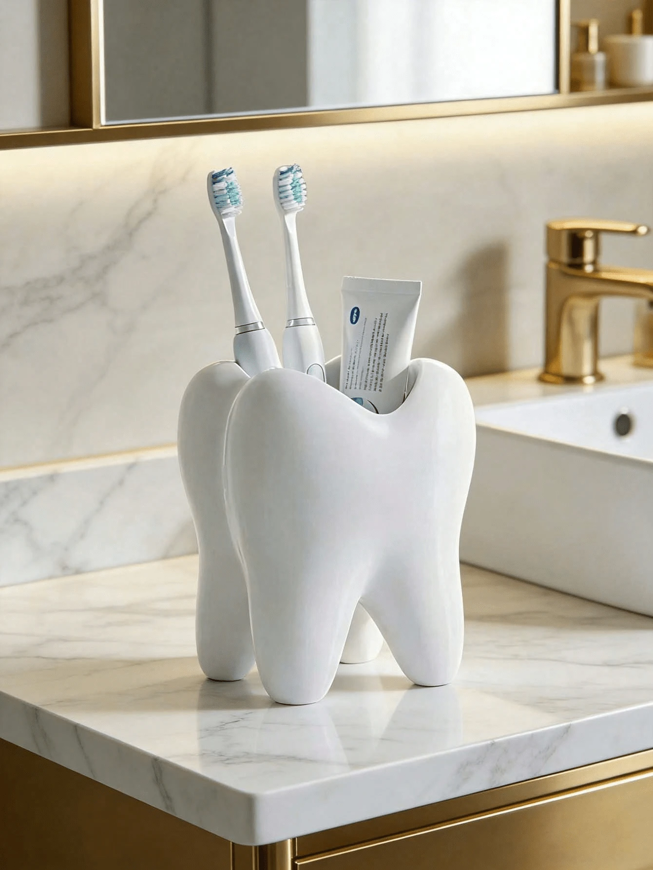 Creative Fun Toothbrush Holder, Large White Tooth-Shaped Toothbrush Cup, Desktop Storage Decorative Ceramic Container, Can Hold Toothbrush, Toothpaste, Flower Pot, Vase, Bathroom Supplies. Warm Home Bathroom Decor For Autumn And Back To School Season - One Size Fits All - View 1