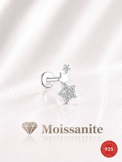 1 chiếc khuyên tai đơn bằng bạc S925 mạ vàng 18K hình ngôi sao năm cánh đính đá Moissanite, thiết kế hình ngôi sao, không gây dị ứng và chống xỉn màu, dễ phối đồ hàng ngày, khuyên tai Moissanite tinh tế hoàn hảo để đeo hàng ngày và làm quà tặng dịp lễ.