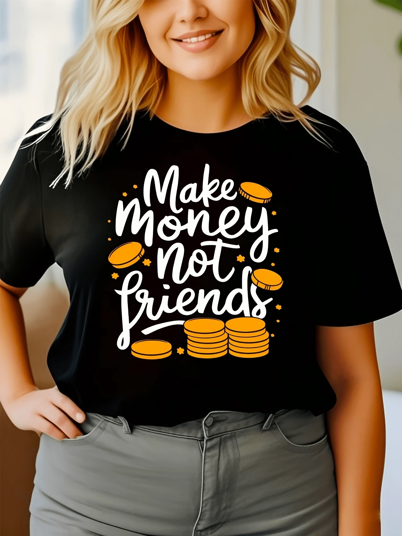 Frase motivadora con monedas doradas que representa la ambición y la independencia económica perfecta para mujeres seguras que buscan expresar su empoderamiento con estilo camiseta de mujer casual moderna cómoda - Negro - Ver 1
