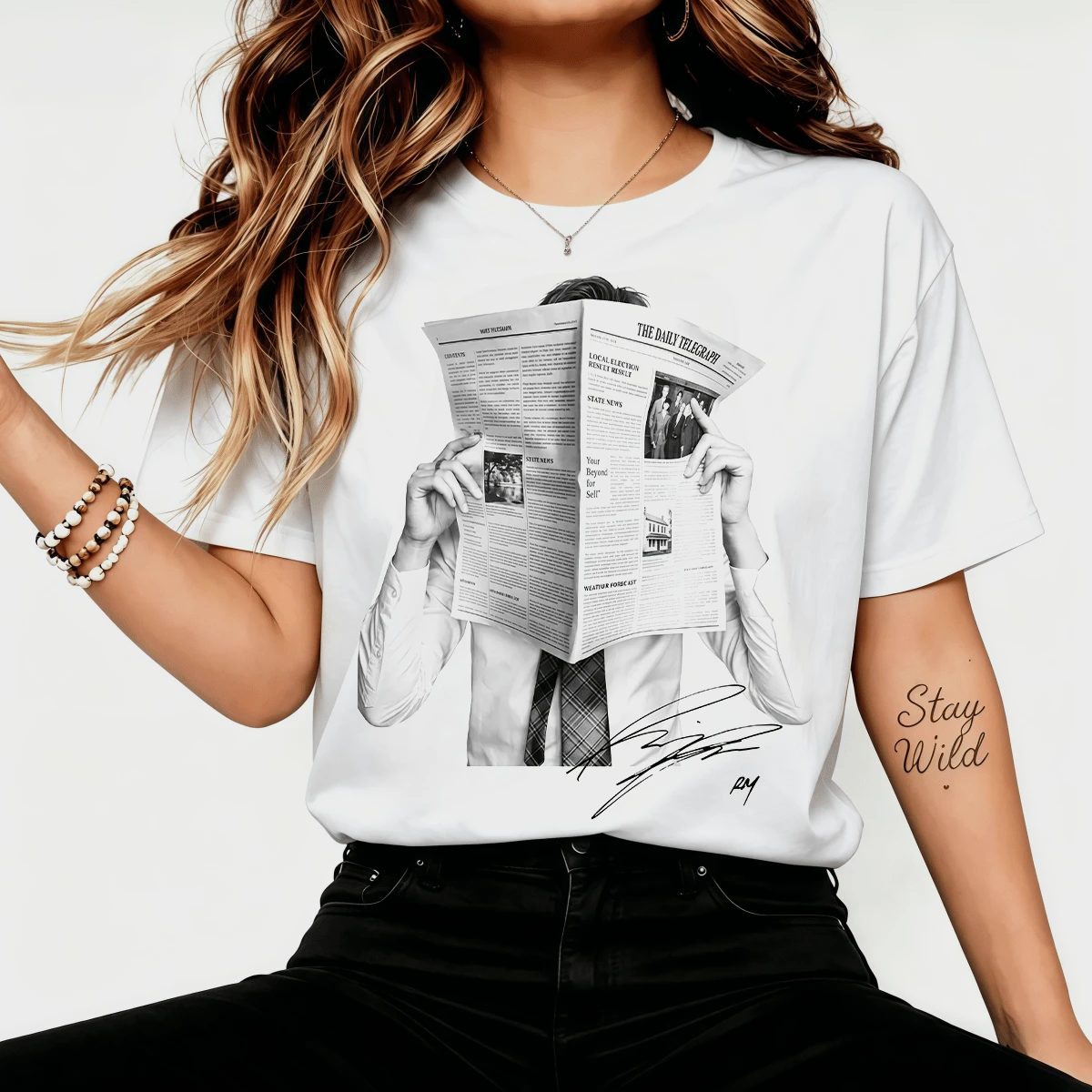 RMM Newspaper Black And White Signature Retro Graphic T-Shirt, Streetwear Casual Cotton T-Shirt For ARMY Fans - White - View 1