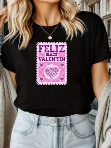 Corazones rosados con mensaje Feliz San Valentín que simbolizan el afecto la ternura y la celebración del amor romántico y la unión especial camiseta de mujer casual moderna cómoda para diario - Negro - Ver 1