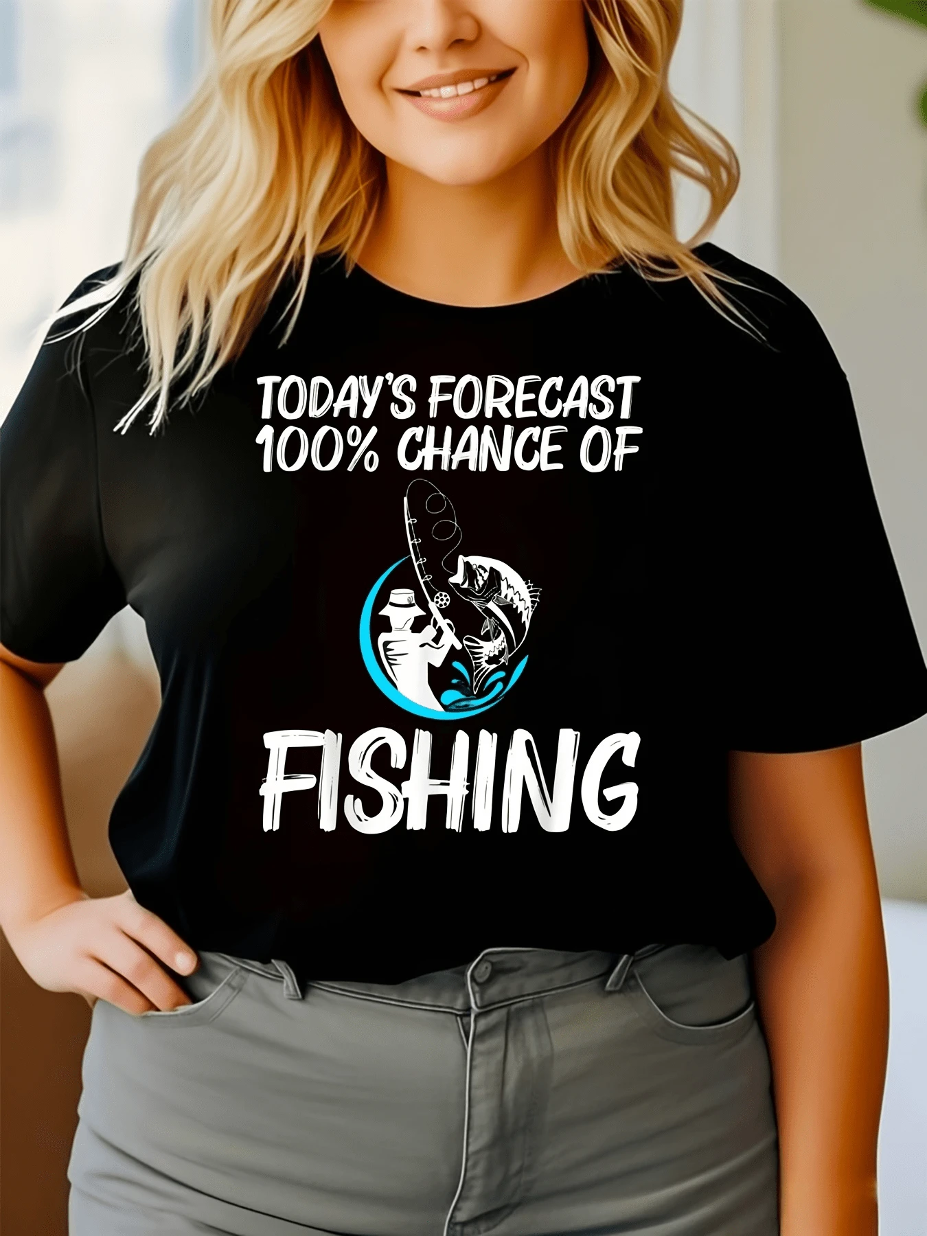 Gráfico que representa una divertida predicción del día con tema de pesca mostrando una caña sostenida por una mano y un pez saltando del agua expresando alegría y pasión por la naturaleza camiseta de mujer casual divertida ideal para amantes del mar - Negro - Ver 1