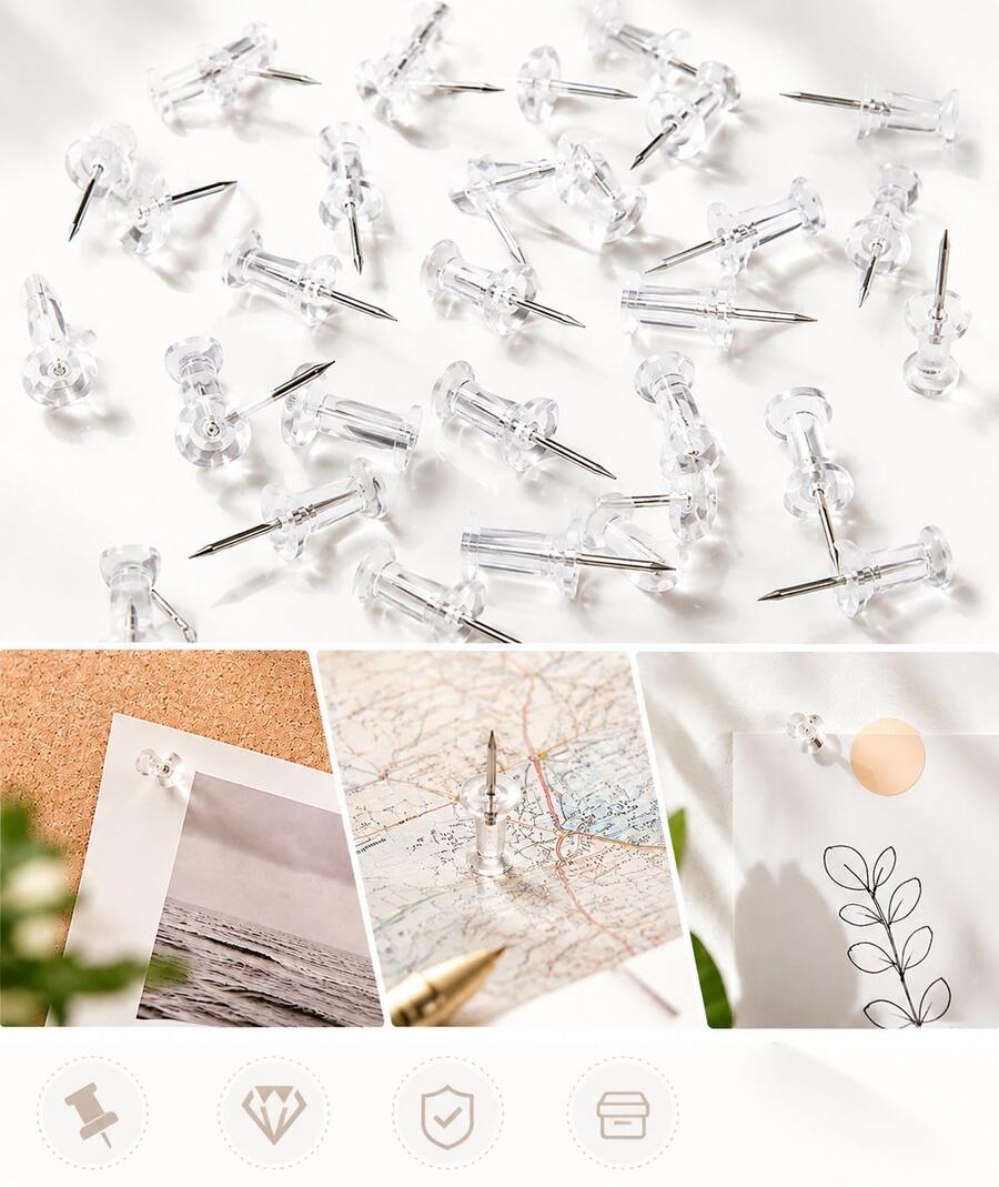 100 Pcs Basics Push Pins Tacks, Steel Point, Clear Plastic Head, For Cork Board, Bulletin Board, Maps, Photos, Posters, And Craft Projects - A - View 1