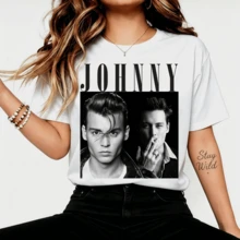 Johnny Dual Face Vintage Graphic T-Shirt, -Actor Casual Cotton T-Shirt For Fans - White - View 1