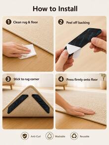 12PCS Rug Grippers – Anti-Curl Non-Slip Carpet Pads, Washable & Reusable, Keep Corners Flat On Wood, Tile, Laminate & Vinyl Floors - Black - View 5
