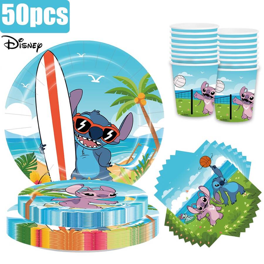50pcs Stitch Theme Party Disposable Tableware Set [7-Inch Paper Plates, 9-Inch Paper Plates, Napkins] - Set For 10 People, Suitable For Birthdays, Weddings, Theme Parties, Family Picnics - Multicolor - View 1