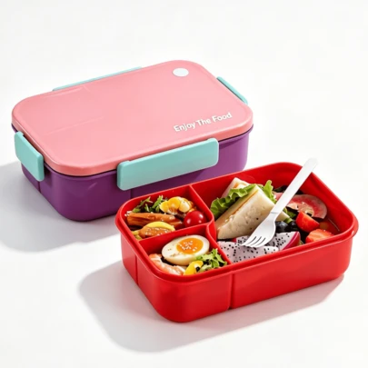 1个便当盒，可微波炉加热，带分隔隔层，适合学生，轻便可装零食/水果/燕麦片，午餐盒和午餐袋套装