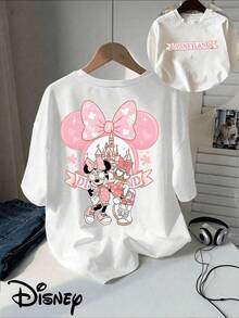 This Disney-Licensed Women's Summer Cotton T-Shirt Features The Word "DISNEYLAND" On The Front, A Huge Pink Minnie Mouse Bow, And Is Adorned With Heart And Four-Leaf Clover Patterns, As Well As A Disney Castle Design, Creating A Lively Party Atmosphere. It's Perfect For Taking Photos At Disney Theme Parks Or As A Travel Souvenir. Made Of 100% Cotton, This Unisex Adult Casual Short-Sleeved T-Shirt Is Suitable For Spring Wear, Is Comfortable Against The Skin, And Is Also Suitable For Outdoor Activities. - 白色 - 查看 1