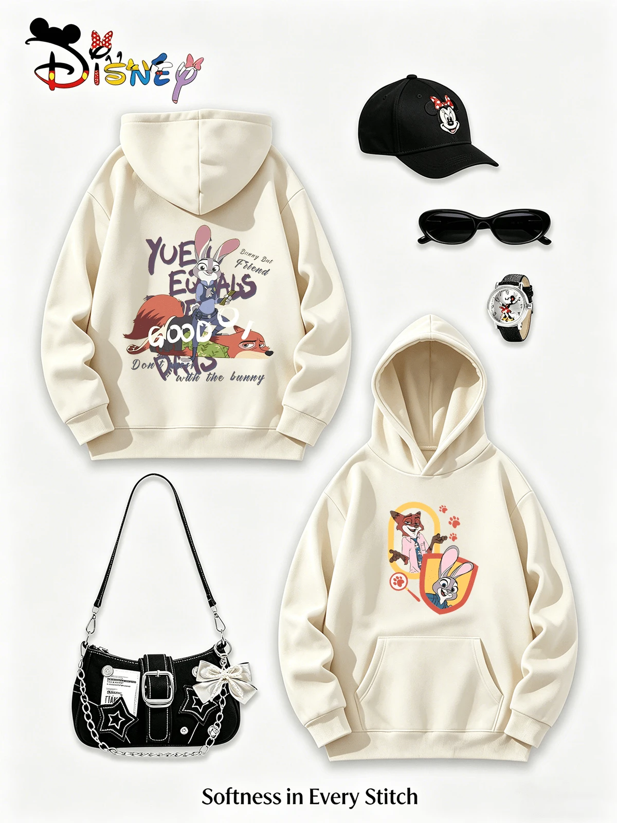 Apricot-Colored Hoodie, Disney Zootopia Judy Nick Retro Cartoon Print Hoodie, Unique Loose-Fitting Hooded Sweatshirt, Casual And Youthful Style For Everyday Wear (Women's Autumn/Winter Clothing/Elegant Women's Outfits/Patterned Hoodies/Printed Tops/Casual Outfits For Women/Women Trending Now/Holiday Co-Ord/Plus Size Friendly) - Apricot - View 1