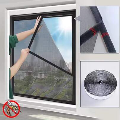 1pc Anti-Mosquito Mesh Window Screen, Gray Net With Black Edges, Indoor Insect Repellent Device, Hook And Loop Adhesive Installation, No Drilling Required, Essential For Homes In Summer