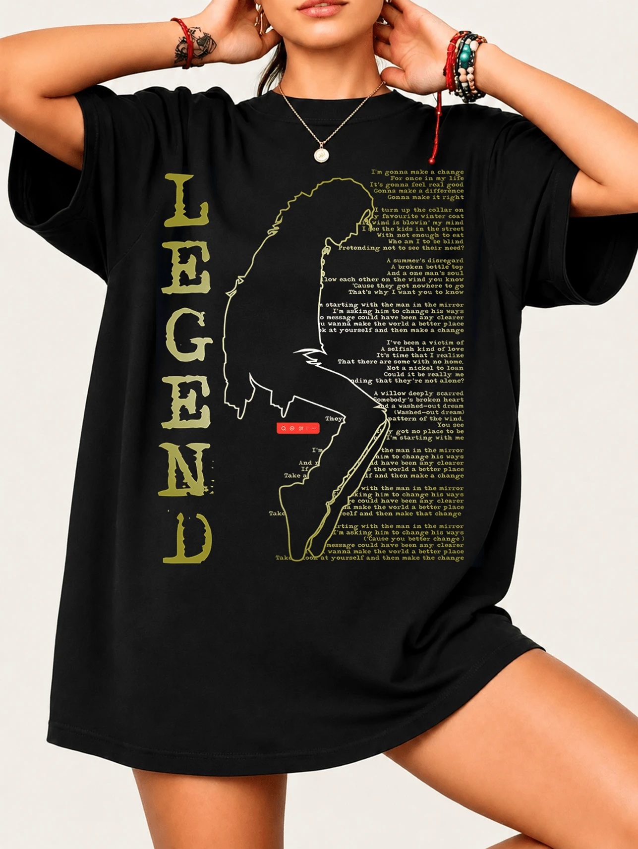 MMichael Jackson 100% Cotton Unisex T-Shirt, Lyrics From Man In The Mirror, Dedicated To Pop Soul Fans And Collectors Of Merchandise Of The World-Famous King Of Pop. - Black - View 1