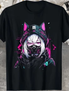 Figura de chica con cabello blanco auriculares futuristas y máscara que simboliza fuerza independencia y energía digital camiseta de mujer casual moderna cómoda para uso diario - Negro - Ver 1