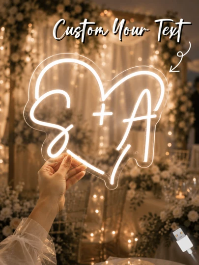 Luz de neón con forma de corazón personalizada, diseño único, luz de pared de decoración de neón LED, letrero de neón alimentado por USB romántico, estilo minimalista moderno, adecuado para la entrada de la boda, la fiesta de la novia, la sala de estar y la ambientación del dormitorio