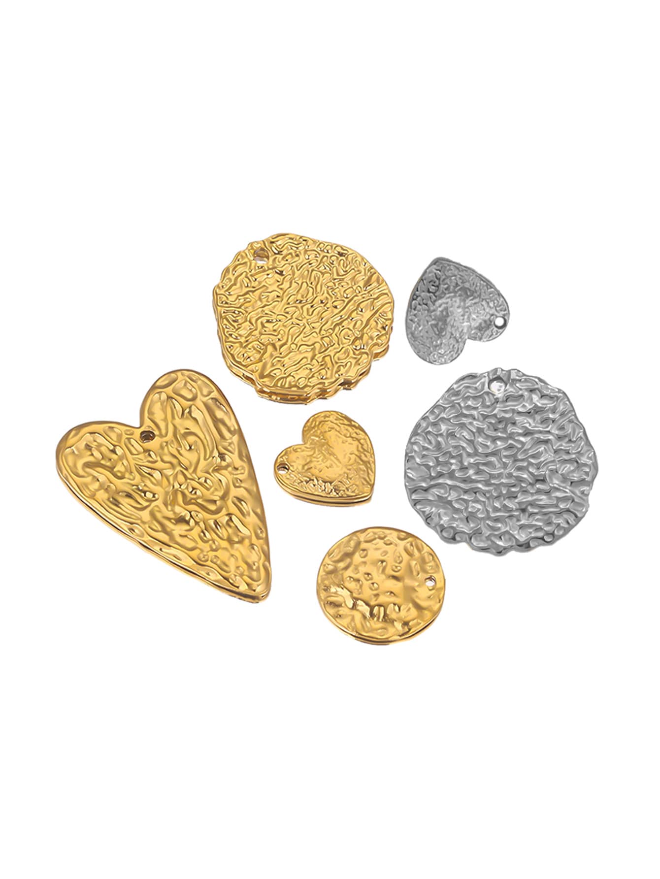 5PCS Stainless Steel Textured Hammered Charms, Heart & Circle Pendants For Necklaces Bracelets, Tarnish Resistant, Jewelry Making Supplies - Hammer Marks - View 1