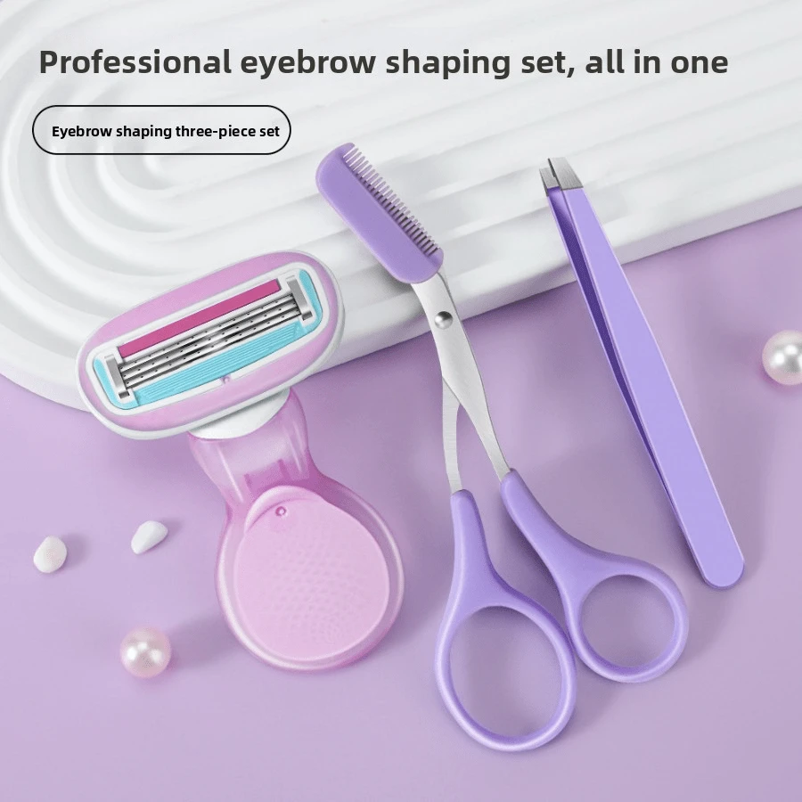 3pcs Stainless Steel Eyebrow Grooming Kit, Portable Eyebrow Razor/Tweezers/Brush Comb, For Eyebrow Shaping, Removing Fine Hairs, Applying Eyelid Tapes, Anti-Scratch - Purple - View 1