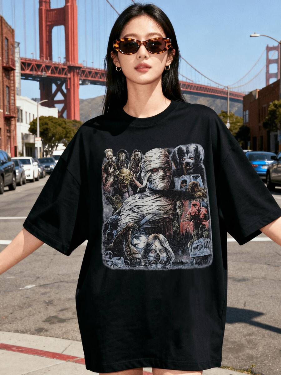 Camiseta oversized para mujer disponible en cinco tallas, ideal para las cuatro estaciones. Camiseta de verano casual con cuello redondo y un estampado genial de oso, con ligera elasticidad y corte regular, perfecta para el uso diario. - Negro - Ver 1