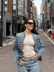 HZXVIC Áo khoác denim ngắn thời trang đường phố cổ đứng cài kim loại kiểu dáng retro mới dành cho nữ - Rửa trung bình - Xem 11