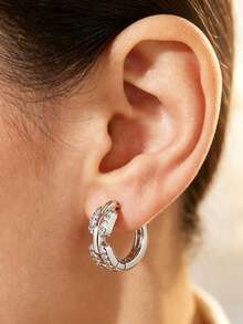 1 Pair S925 Sterling Silver Geometric Double Square Hoop Earrings With Synthetic Zirconia, Elegant Quality Jewelry For Women's Daily Wear - Silver - View 2