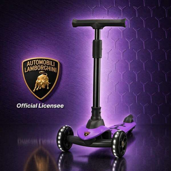  Lamborghini Kids Scooter,Big Wheels Foldable Kick Scooter, Flashing Lights, Adjustable Height,3 Wheel Scooter For Kids Aged 3+ (Purple)