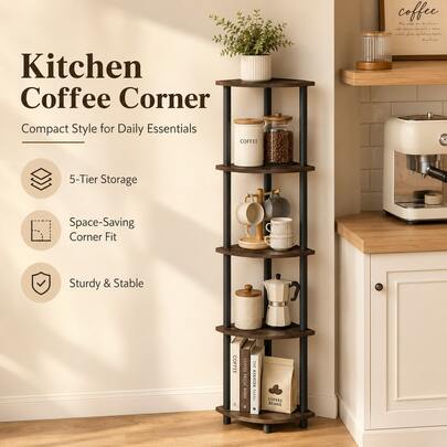 Space-Saving 5-Tier Corner Shelf Unit, Dark Brown Grain/Black Multipurpose Display Rack For Home Organization
