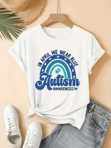 Arco iris azul con piezas de rompecabezas que simbolizan la empatía y la conciencia sobre el autismo promoviendo la inclusión y el respeto camiseta de mujer casual cómoda de manga corta - Blanco - Ver 6