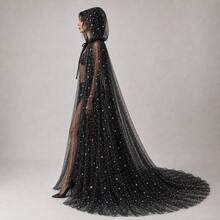 Black Stargazer Long Hooded Cloak Semi-Sheer Non-Stretch Fabric For Mystical Cosplay, Goth Style, Or Themed Gown Events - Black Sequined Long Dress - View 2