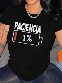 Gráfico que muestra una batería casi vacía junto a la palabra paciencia simbolizando el agotamiento y el humor de quien necesita energía adicional para seguir adelante camiseta de mujer casual moderna cómoda para uso diario - Negro - Ver 8