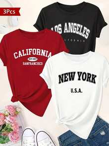 Single Item, Not A 3-Piece Set. One Piece/Set Of Short-Sleeved T-Shirts Suitable For Streetwear. Oversized Crew Neck Top For Everyday Wear, Camping, Concerts, Hip-Hop, Rock, And Rap Events. Letter Print Crew Neck T-Shirt. Casual Short-Sleeved Top For Spring And Summer. Women's Clothing. - 白色 - 查看 1