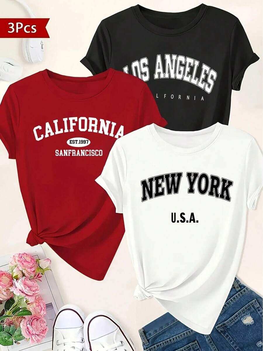 Single Item, Not A 3-Piece Set. One Piece/Set Of Short-Sleeved T-Shirts Suitable For Streetwear. Oversized Crew Neck Top For Everyday Wear, Camping, Concerts, Hip-Hop, Rock, And Rap Events. Letter Print Crew Neck T-Shirt. Casual Short-Sleeved Top For Spring And Summer. Women's Clothing. - 白色 - 查看 1