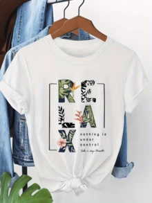Words With Tropical Flowers, Green Leaves, And A Message That Inspires Relaxation And Calm, Conveying A Feeling Of Freshness And Freedom. Comfortable Casual Women's T-Shirt For Everyday Wear. - 白色 - 查看 8