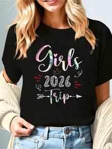 Plus Size T-Shirt, 2026 Travel Collection For Girls "Best Friends' Happy Holiday Trip" With Crown, Watercolor Leopard Print And Letter Print, Black Short Sleeve Crew Neck T-Shirt For Women - Machine Washable, Suitable For Christmas Parties, Casual Outings, Friend Gatherings, Holiday Outfit, Christmas Gift. - 黑色 - 查看 1