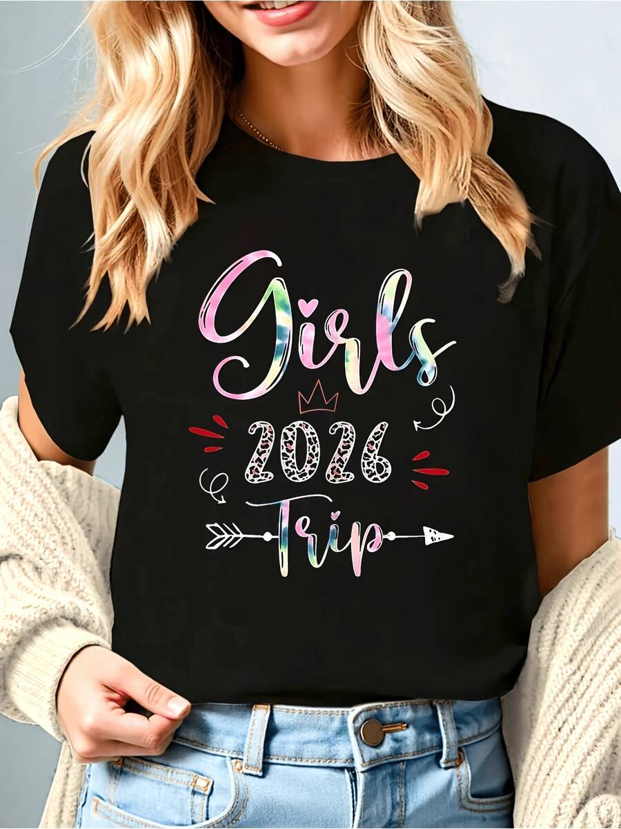 Plus Size T-Shirt, 2026 Travel Collection For Girls "Best Friends' Happy Holiday Trip" With Crown, Watercolor Leopard Print And Letter Print, Black Short Sleeve Crew Neck T-Shirt For Women - Machine Washable, Suitable For Christmas Parties, Casual Outings, Friend Gatherings, Holiday Outfit, Christmas Gift. - 黑色 - 查看 1