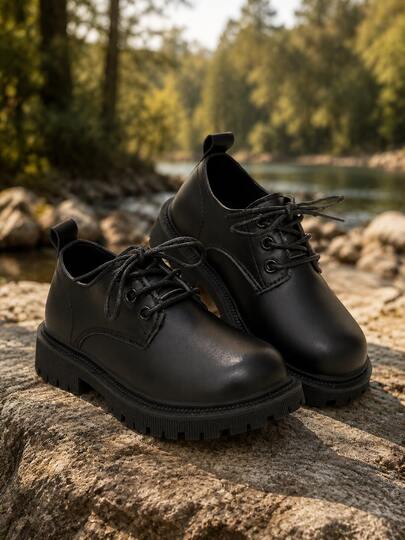 New Matte Black High-Quality Casual Children's Shoes, High-Grade Breathable Synthetic Leather Lace-Up Design British Style Kids Loafers, Round Toe Non-Slip Durable Rubber Thick Sole Elevator Children Oxford Shoes, Cute Little Leather Shoes For Boys And Girls, Suitable For 3-16 Years Old, Versatile For Outdoor And Indoor Wear, All Seasons