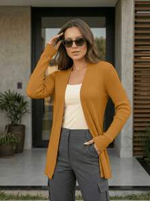 Women's Open Ribbed Cardigan, Basic, Elegant, Casual, Winter, Cold Weather, Knit Cardigan - mostaza - Ver 5