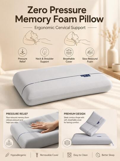 1 chiếc gối memory foam không gây áp lực, gối kê cổ công thái học hỗ trợ cổ và vai, vỏ gối có thể điều chỉnh, thoáng khí và giặt được, phù hợp sử dụng hàng ngày tại nhà, đi làm, công tác và giải trí, vỏ gối sợi polyester không gây dị ứng.