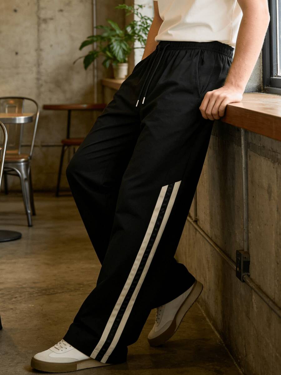 2026 Nuevos pantalones rectos y sueltos de verano para hombres, ligeros, con cordón, casuales, deportivos, para correr, fitness, moda, uso al aire libre y diario - Negro - Ver 1