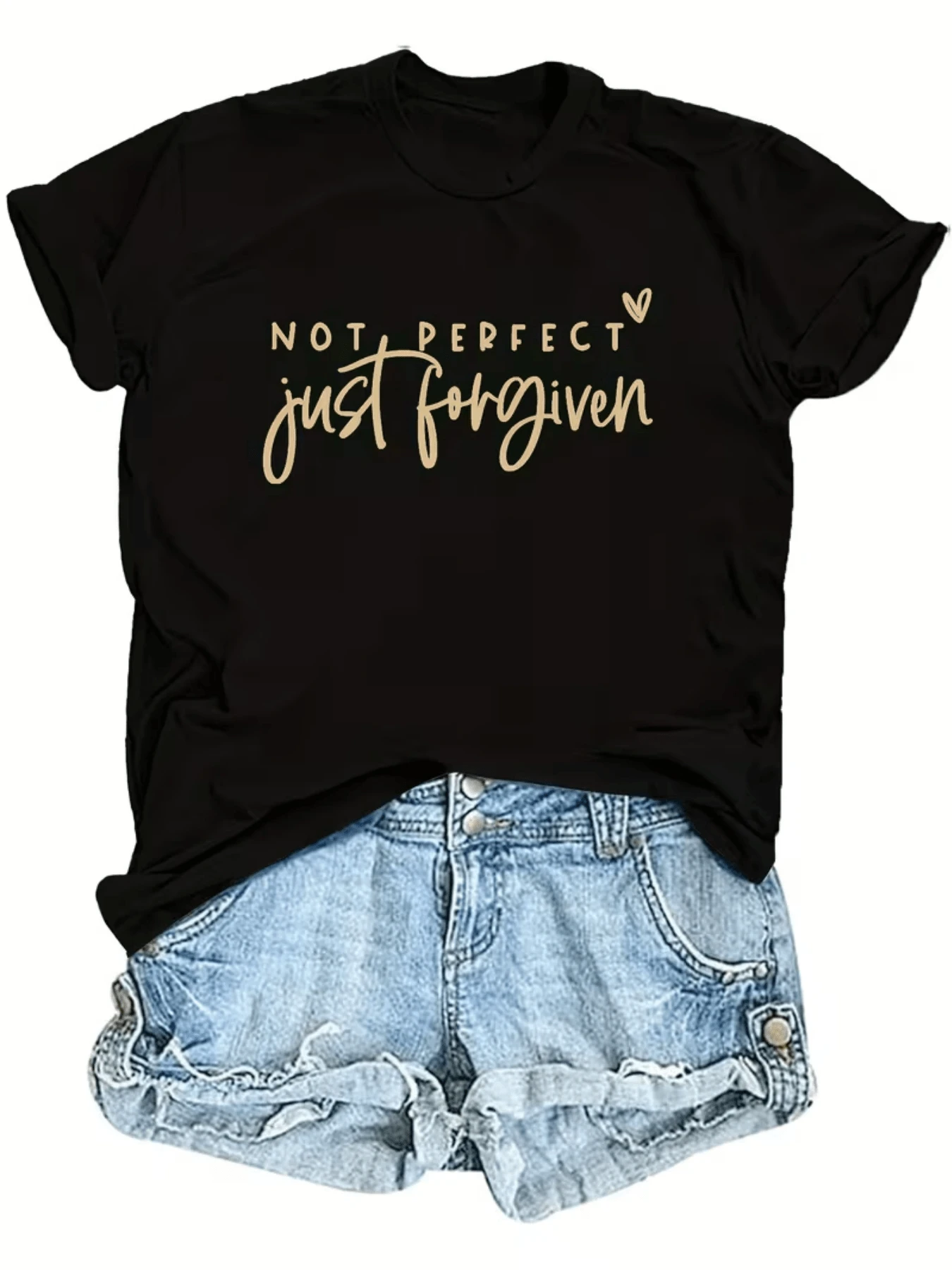 Frase inspiradora que transmite un mensaje de aceptación y perdón recordando que la verdadera belleza está en el alma y en la capacidad de seguir adelante con fe y esperanza camiseta de mujer casual moderna cómoda ideal para uso diario - Negro - Ver 1