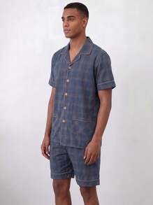 Snug League [PONX]2pcs/Set Men Summer Sleepwear Lightweight Short Sleeve Cardigan Top And Shorts, Breathable Moisture-Wicking Pajama Set - Blue - View 2