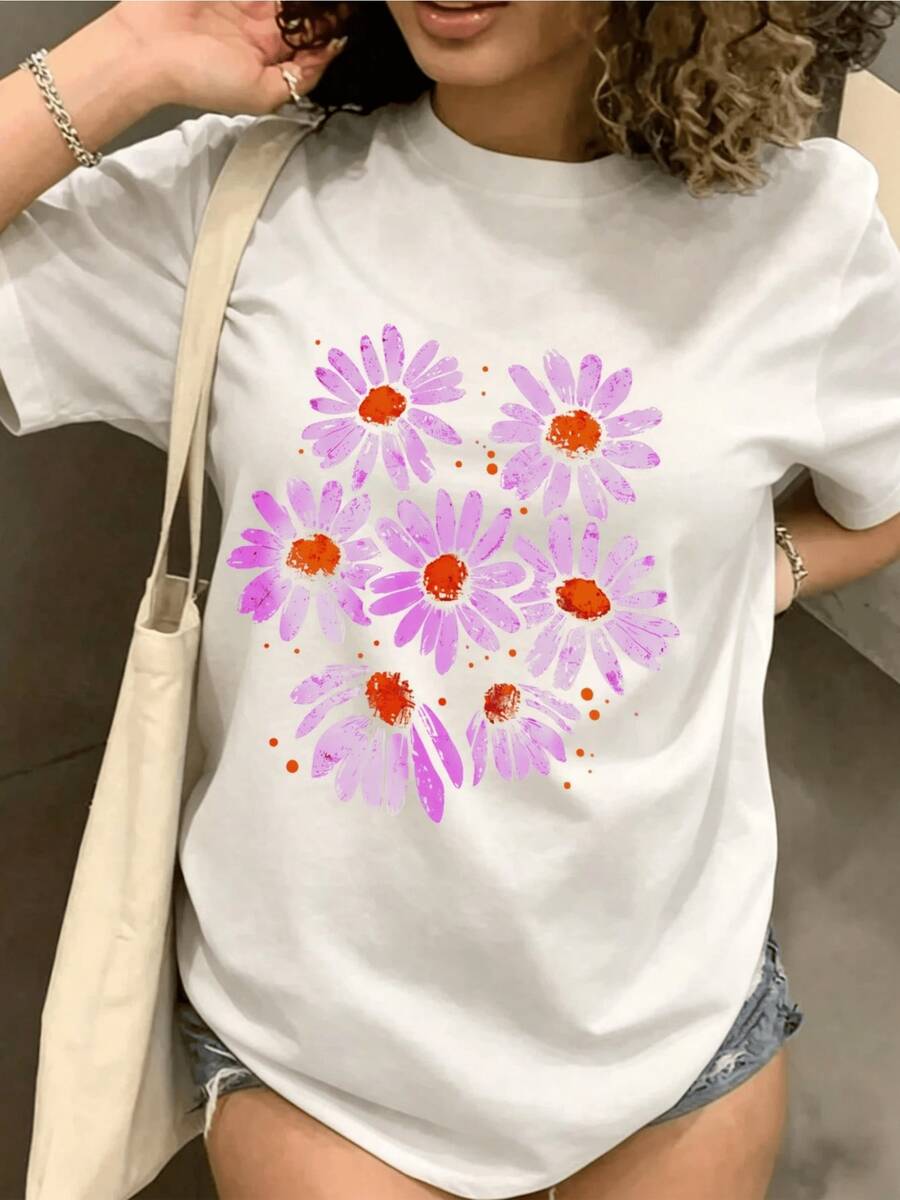 Purple And Orange Daisy Flowers Symbolize Positive Energy And Joy That Blooms Every Day As A Reminder To Always Maintain A Free And Optimistic Spirit. Comfortable Casual Women's T-Shirt For Everyday Wear - 白色 - 查看 1
