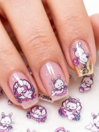 1pc Cute Cartoon Rabbit Mermaid Nail Stickers, Self-Adhesive One-Time 3D Embossed Nail Art Decals, Glitter Surface, Suitable For Gatherings With Friends, Exquisite Pattern Easy To Apply And Durable